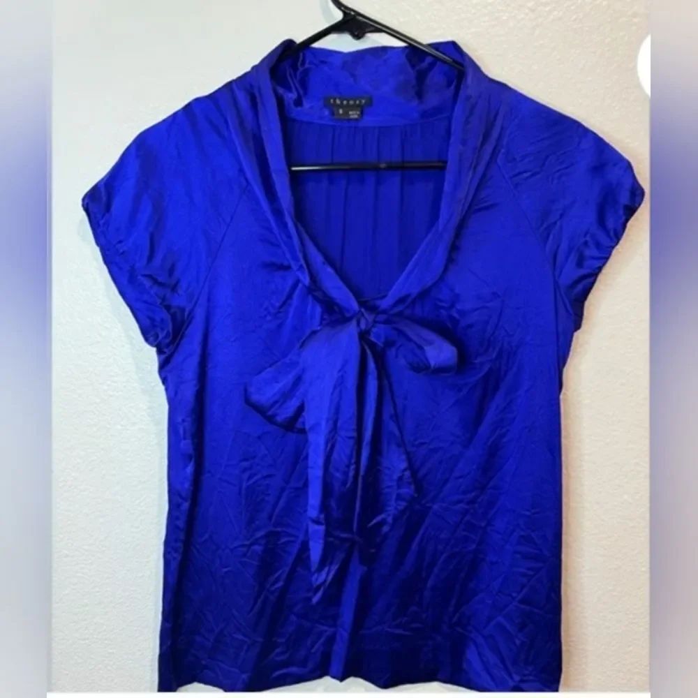 Theory Y2K Royal Blue Silk Blouse Tie Neck Bow Size S